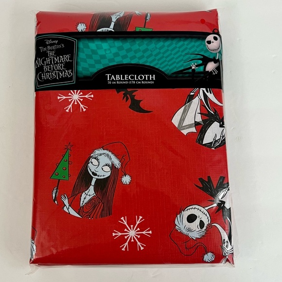 The Nightmare Before Christmas Red Tablecloth Jack Skellington Sally 70” Round - Picture 1 of 3